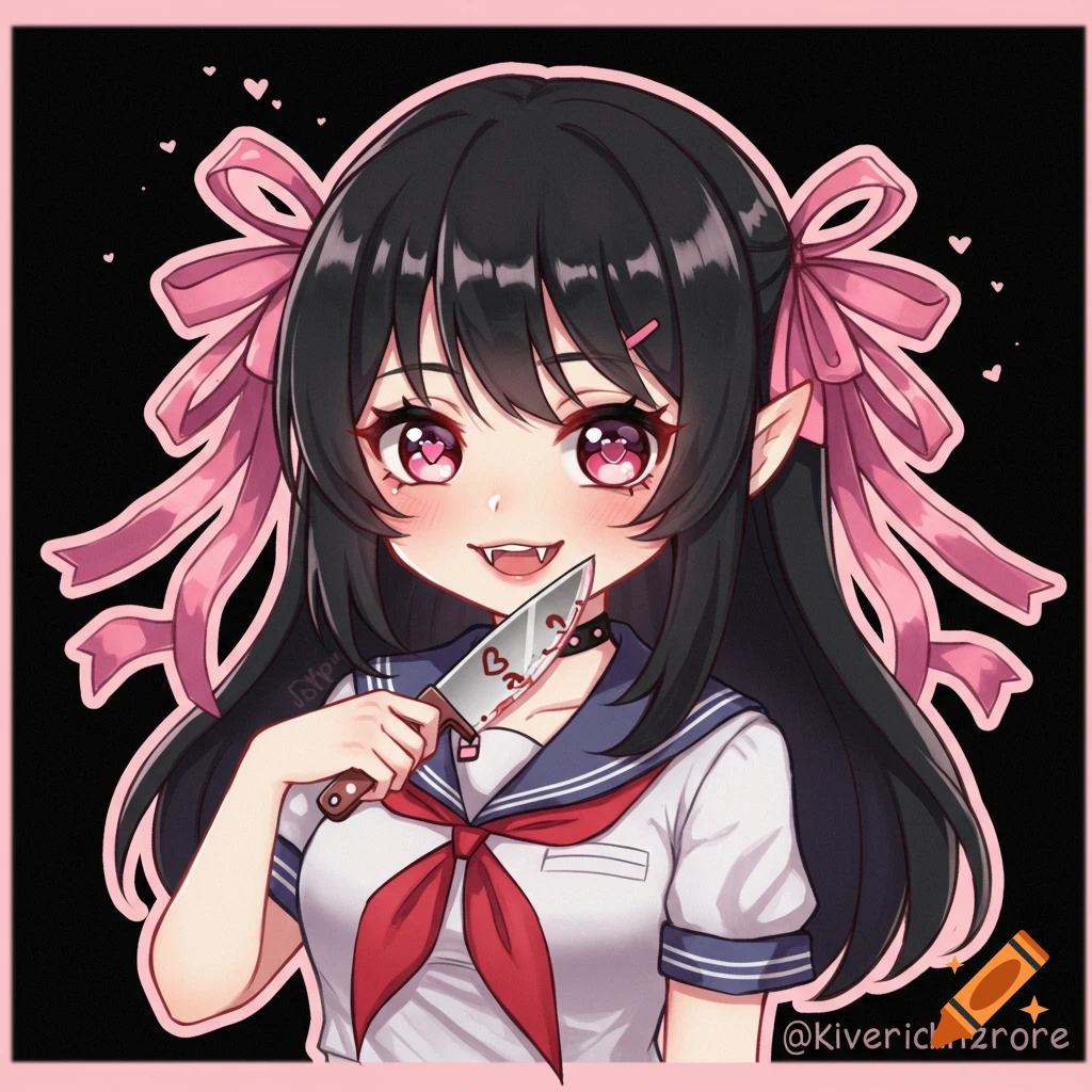 Anime style portrait of a cute vampire girl in a school uniform holding a knife with fangs and pink bows.