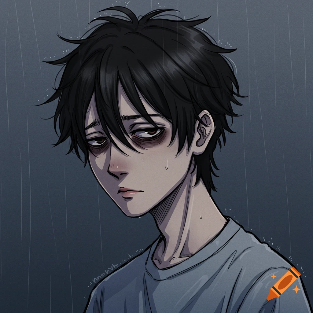 Anime illustration of a tired person with dark circles under their eyes, standing in the rain.