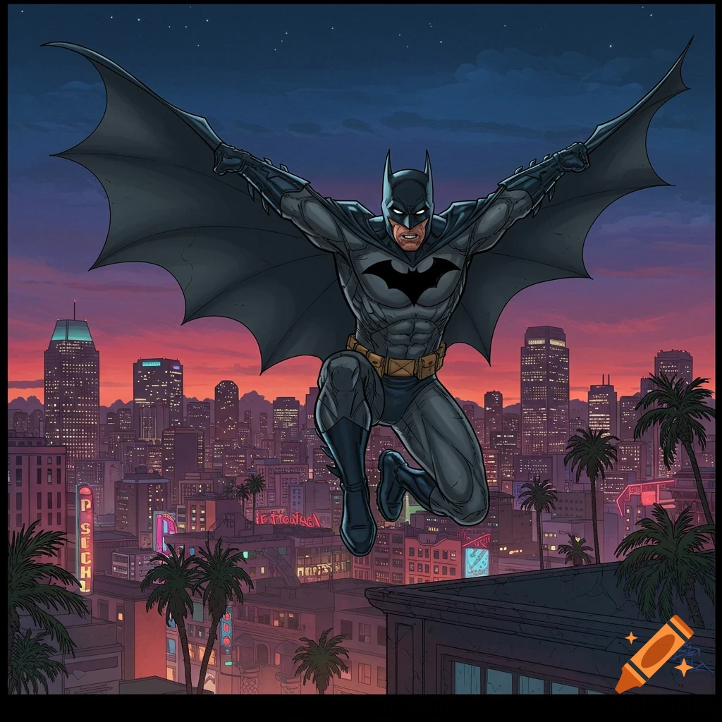 Batman jumps over a city skyline at dusk in a comic art style