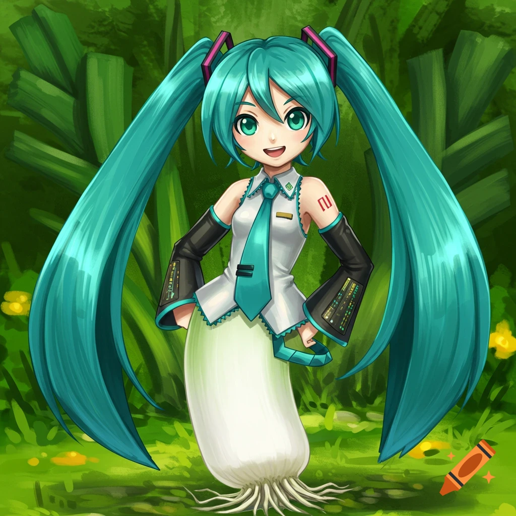 Hatsune Miku with a leek body in a forest clearing.