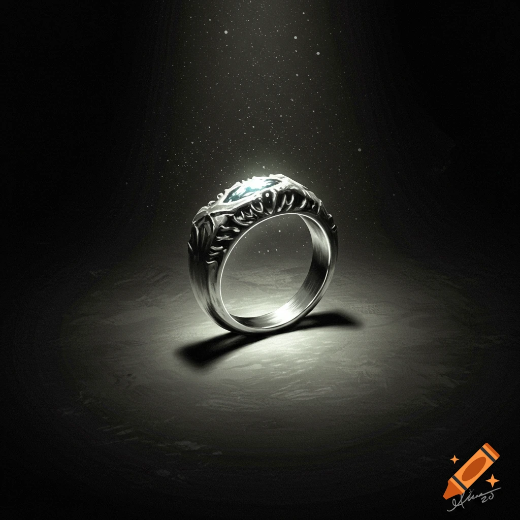 A silver ring glowing in a dark, mysterious scene.