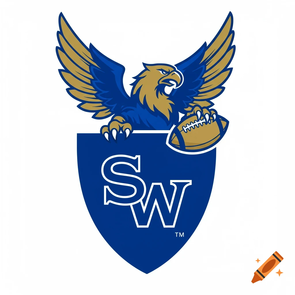 Blue and gold logo of an eagle holding a football over a shield with SW initials
