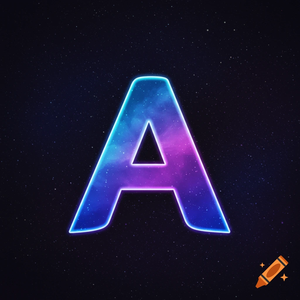 Glowing letter A filled with nebula colors against a starry space background.