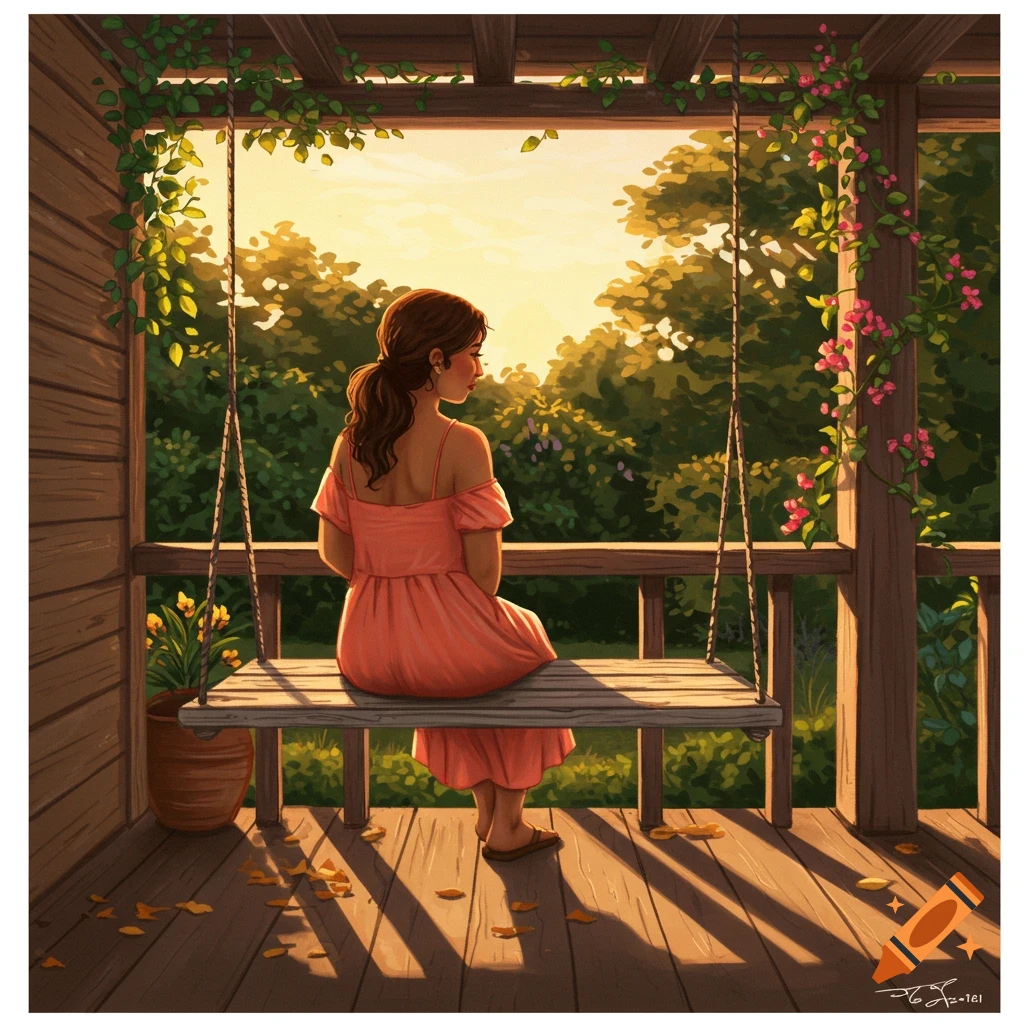 A woman in a pink dress sits on a porch swing, looking out at a sunset over trees.