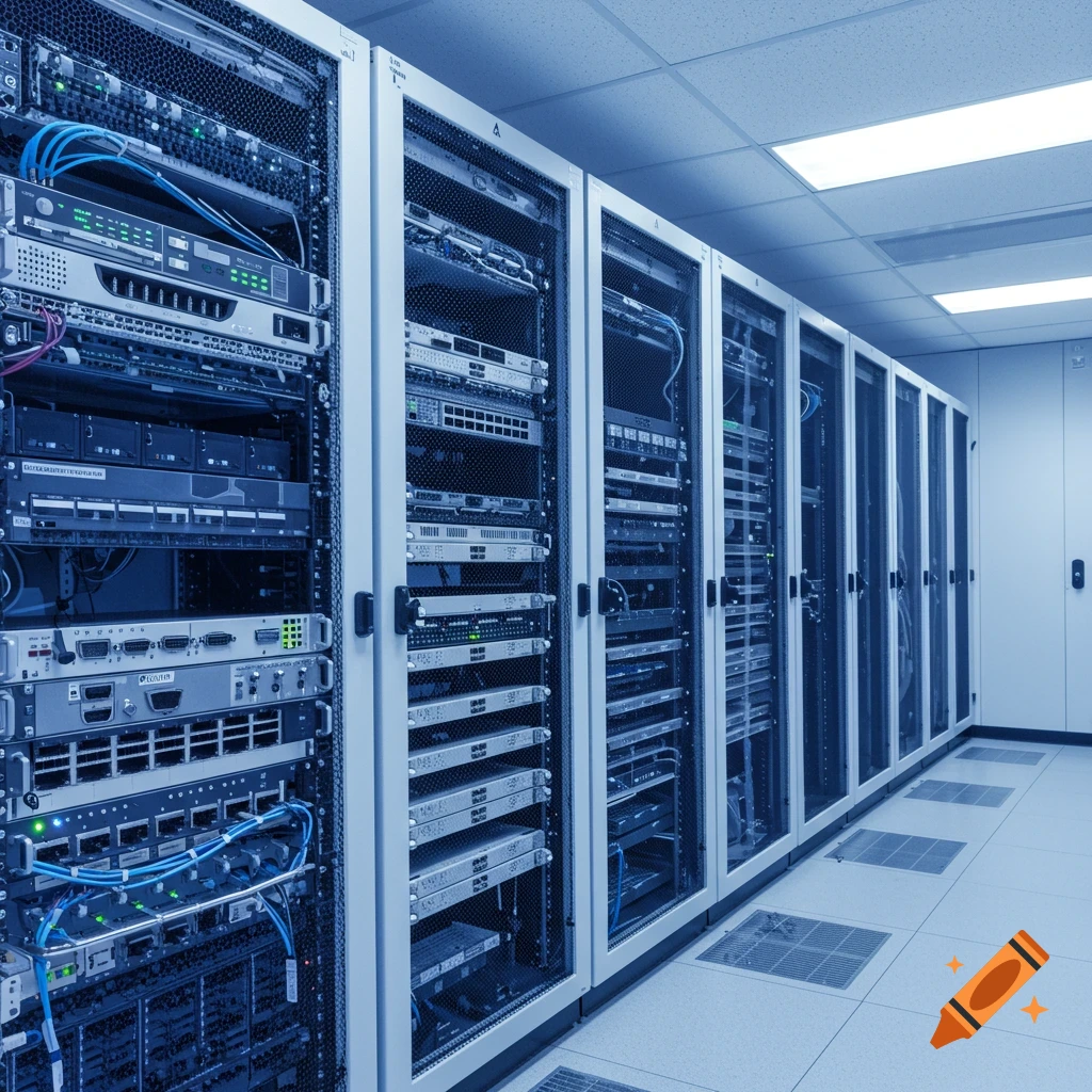 A row of server racks in a data center.
