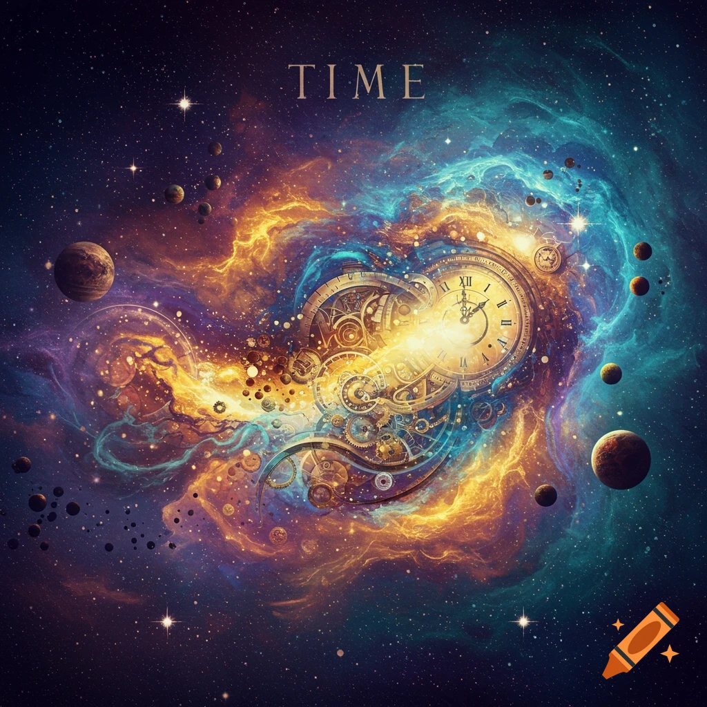 A cosmic nebula with a clock and gears floating among stars and planets, with the word "TIME".