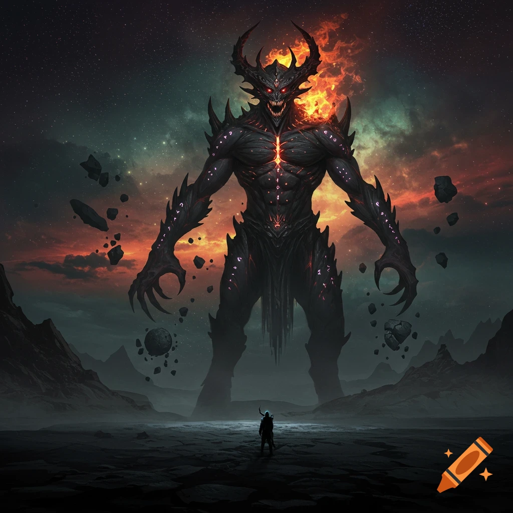 A giant, dark demon with horns and glowing eyes faces a small human figure in a desolate landscape under a starry sky.