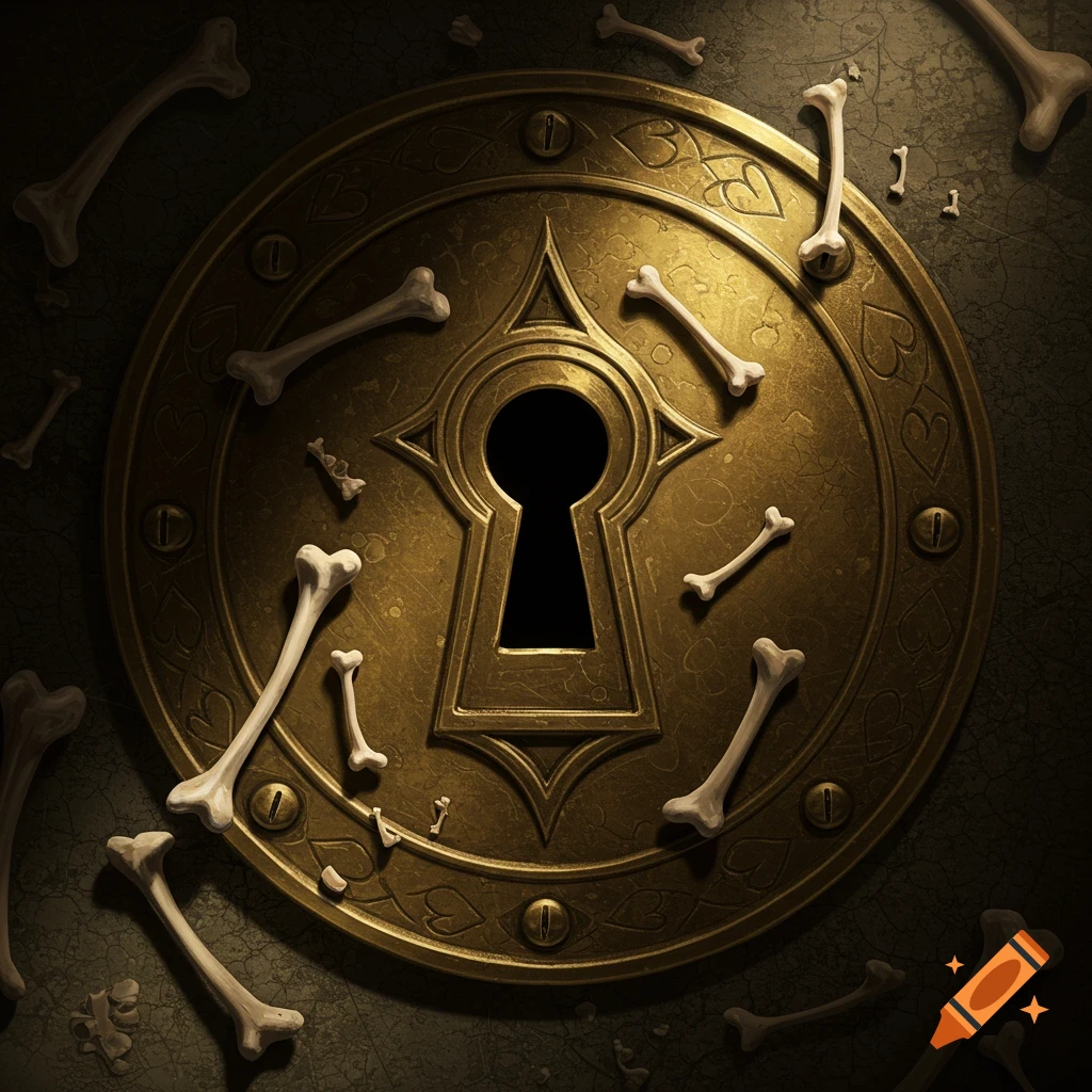 A Gothic brass plate with a large keyhole surrounded by scattered bones.