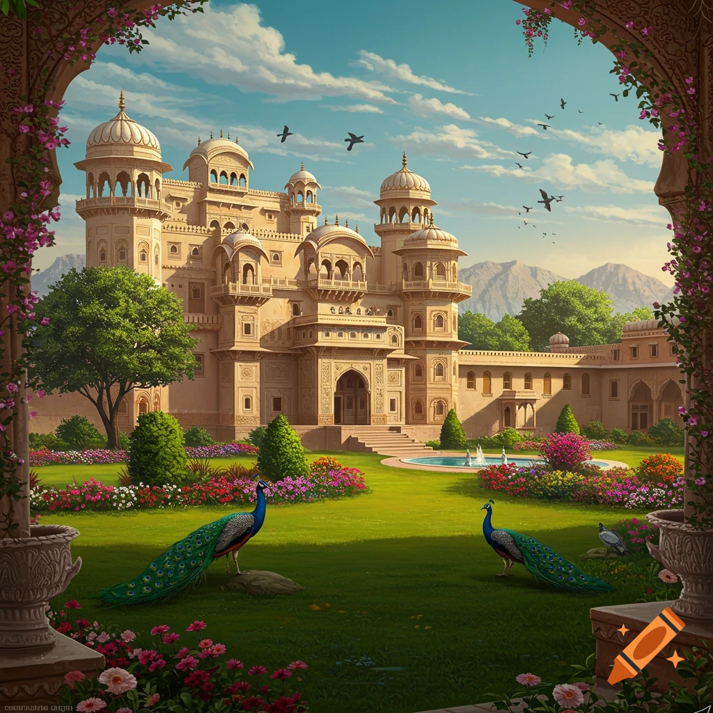 A royal Indian palace and garden with peacocks.