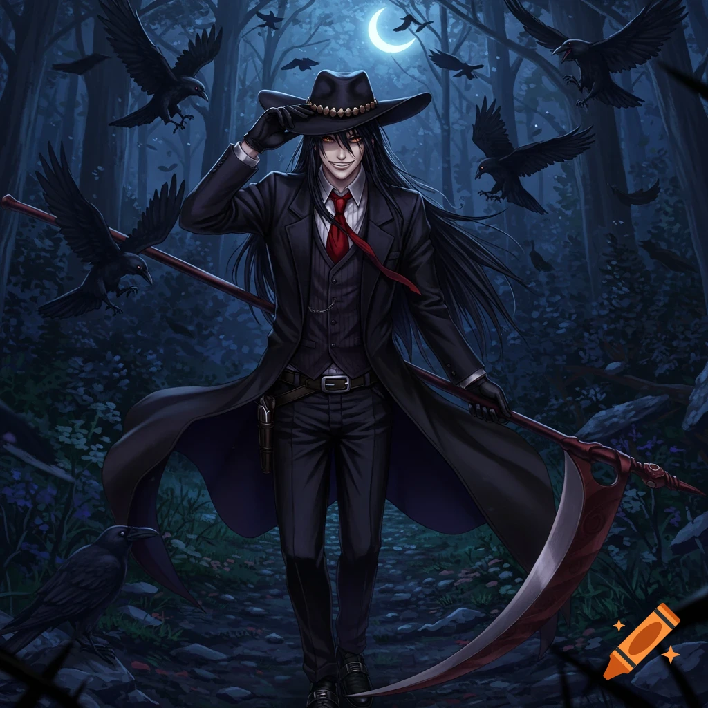Anime illustration of a man in a suit and cowboy hat with a scythe, surrounded by crows in a dark forest at night.