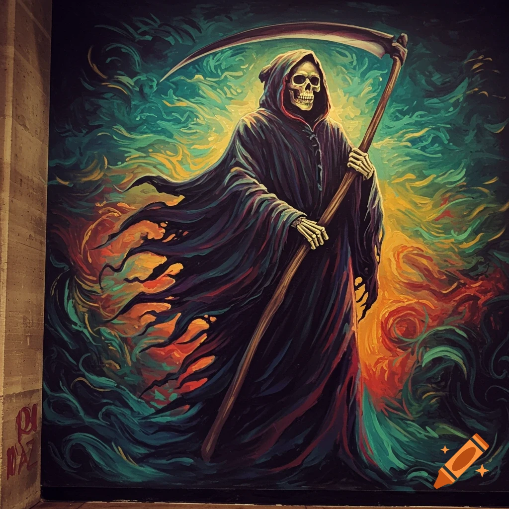 Mural painting of Grim Reaper with scythe and colorful background