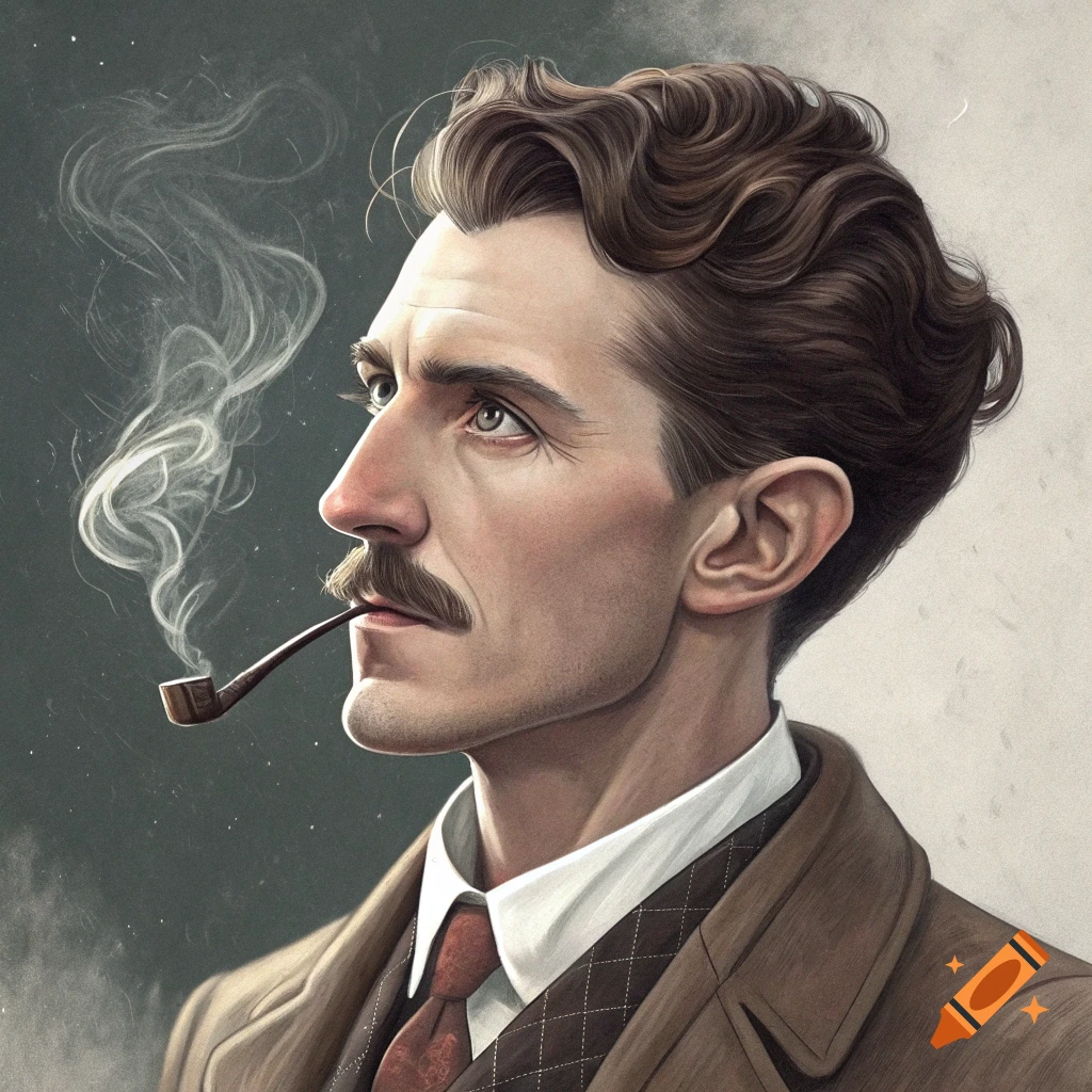 Illustration of a man with a mustache and styled hair, resembling young Nikola Tesla, smoking a pipe.