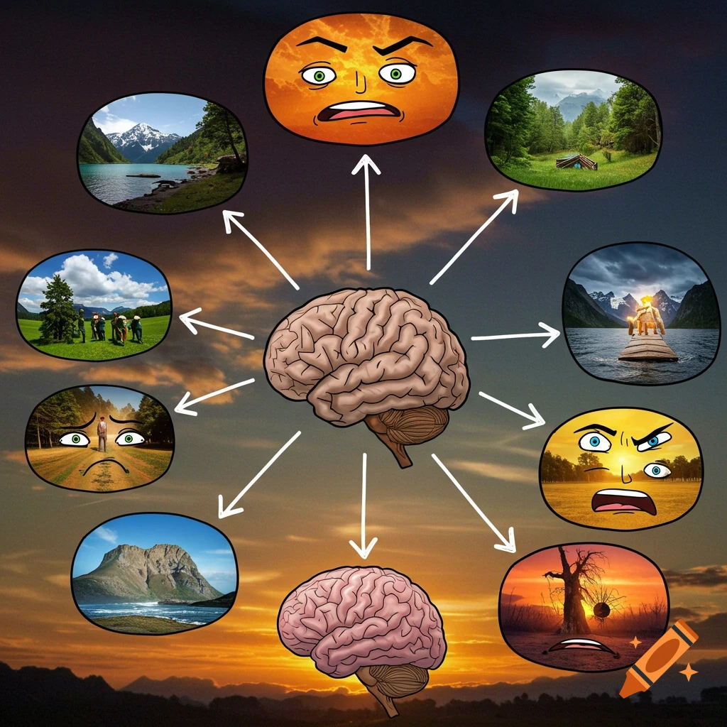 A conceptual illustration shows a brain connected by arrows to small circular images representing different emotions linked with nature scenes and disaster. The background is a sunset.