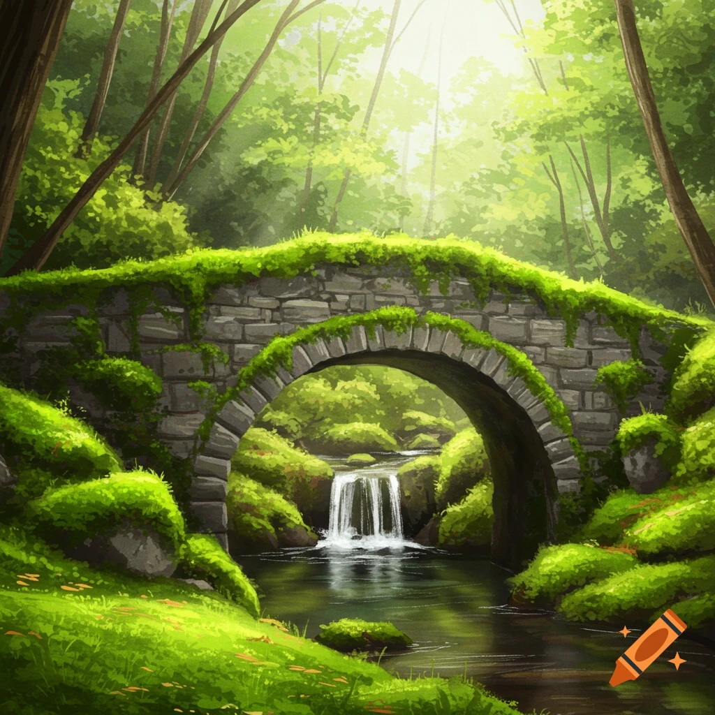 A mossy stone bridge spans a waterfall in a lush green forest.