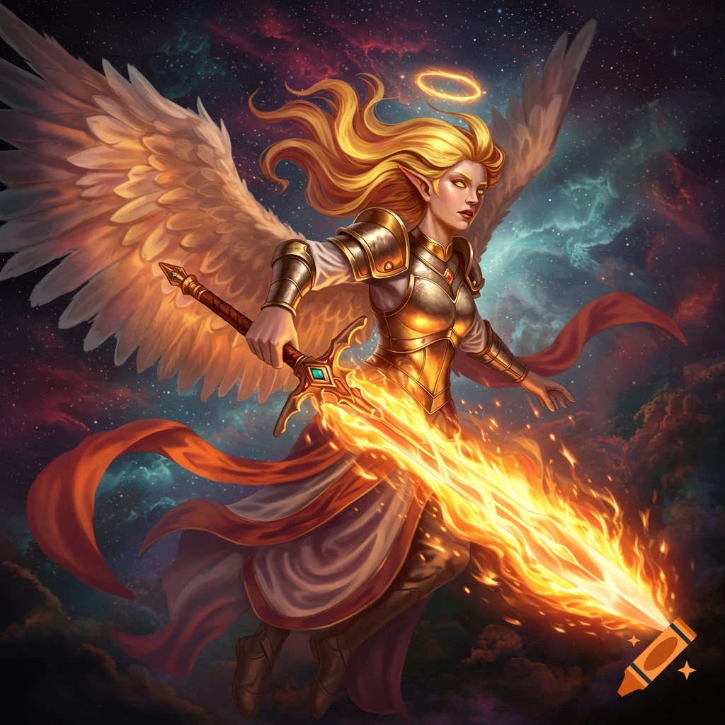 An angel with wings holding a flaming sword flying through space