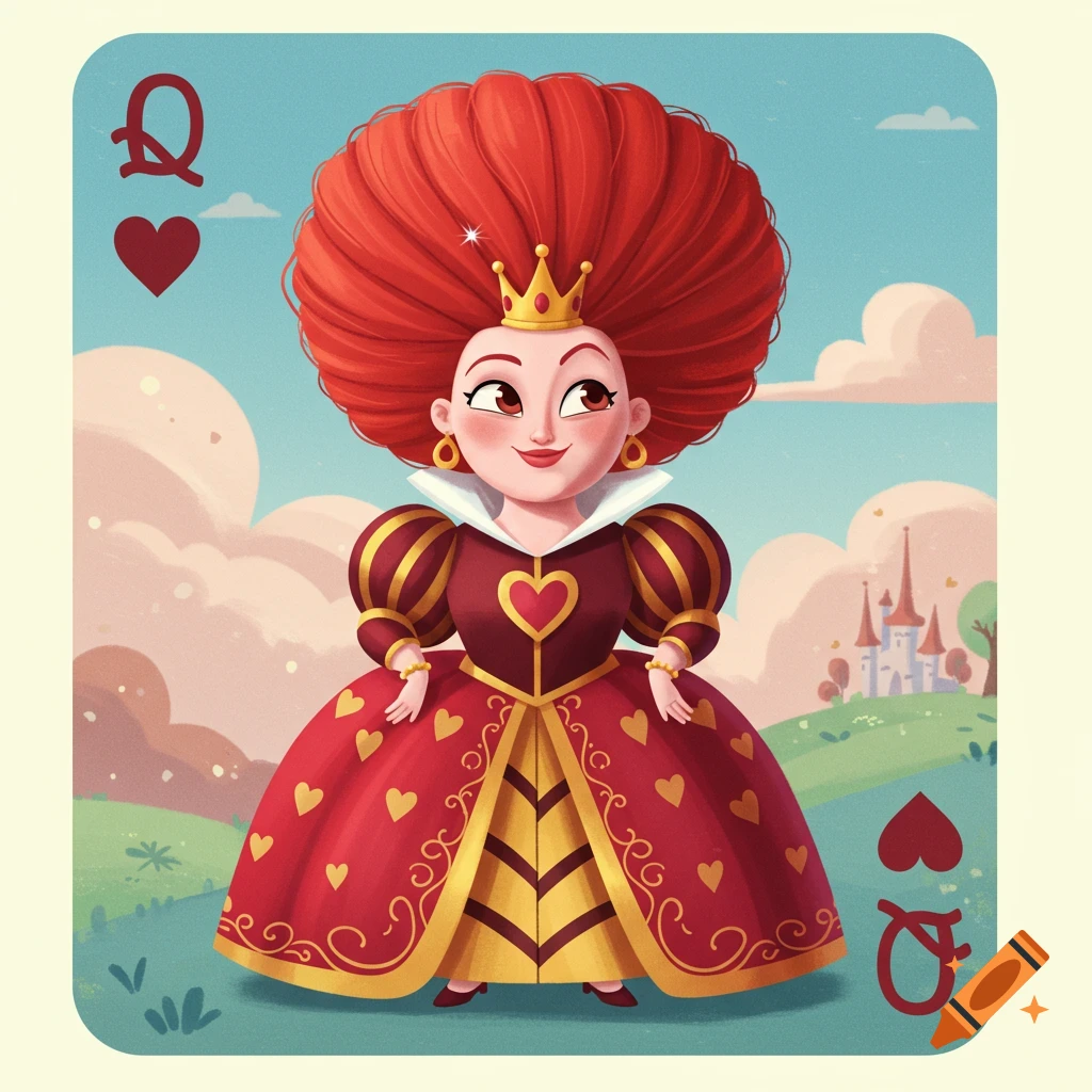 Cartoon Queen of Hearts character on a playing card in a Pixar style