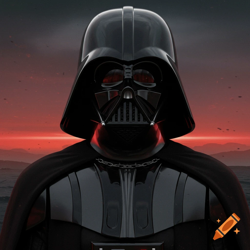 Close-up of Darth Vader against a red sky.