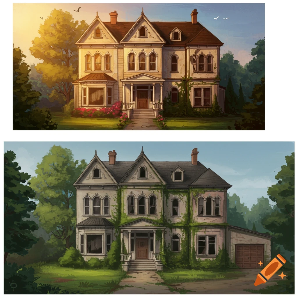 Two houses side-by-side; one well-maintained, the other dilapidated, surrounded by trees and gardens.