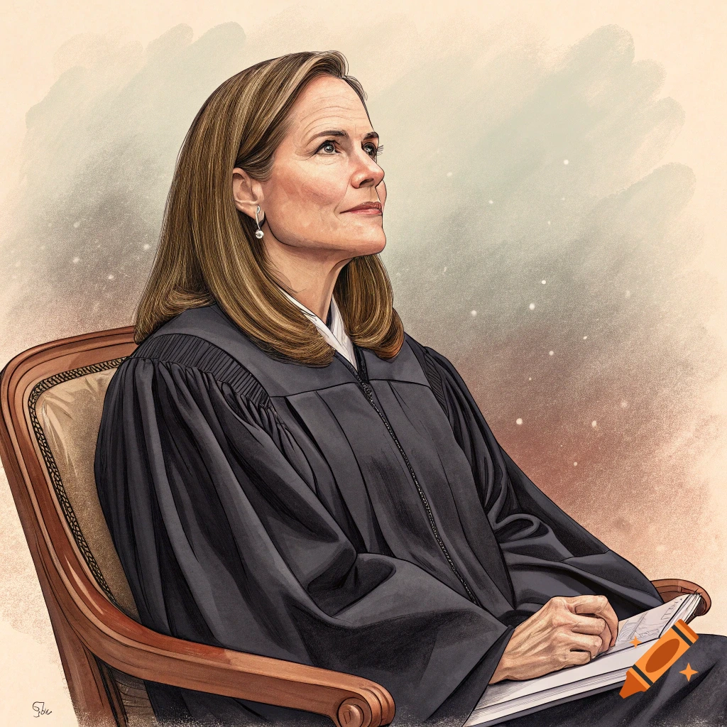 Illustration of Amy Coney Barrett in a black robe sitting in a chair, holding a book