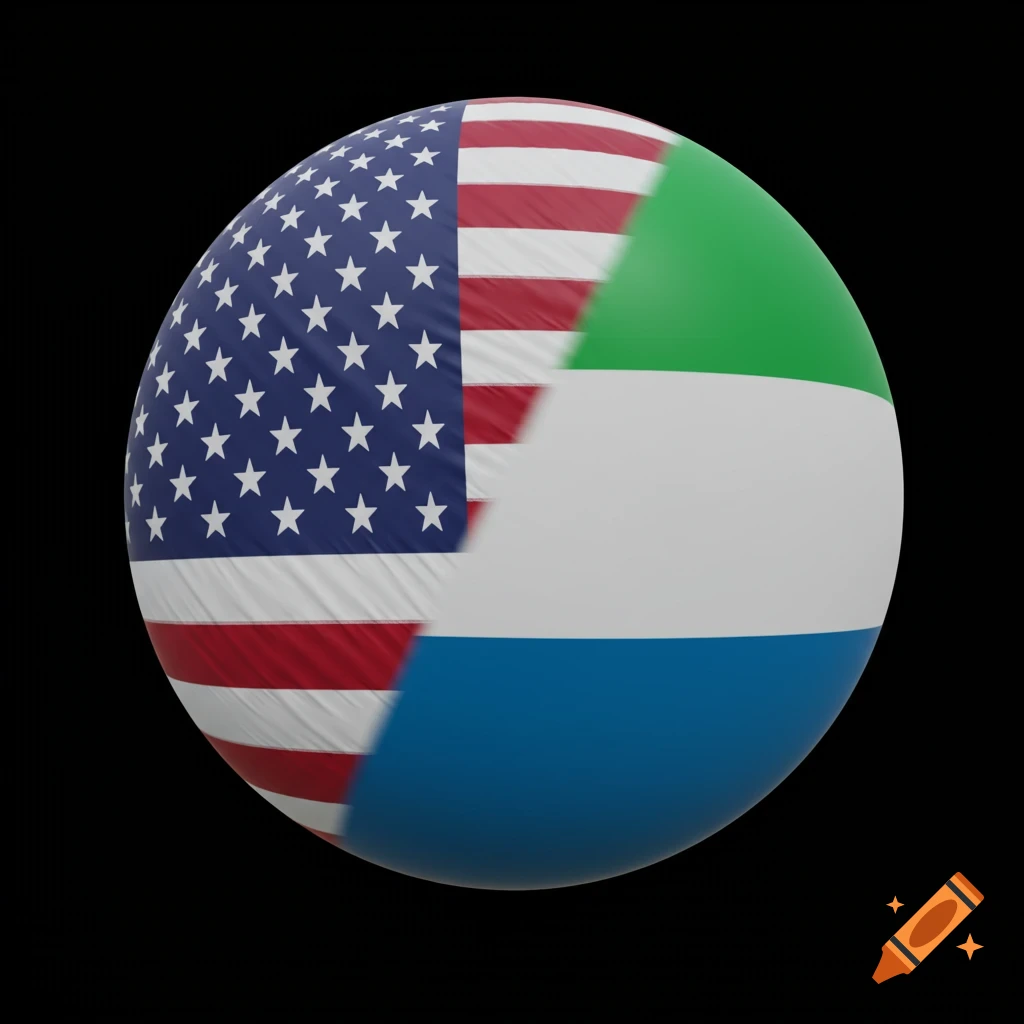 A sphere blending the US flag on the left with the Sierra Leone flag on the right against a black background.