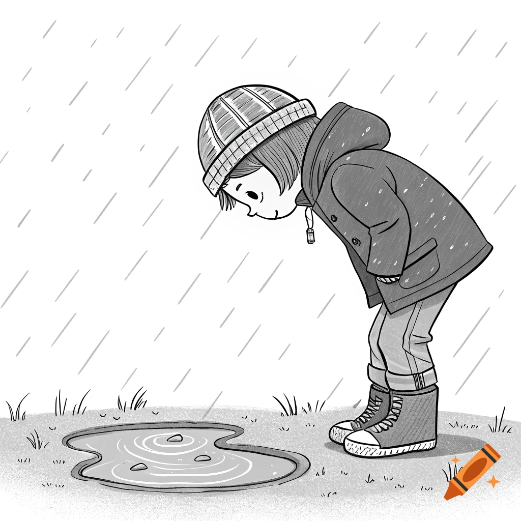 Black and white line drawing of a child in a hat and coat looking down at a puddle while it rains.