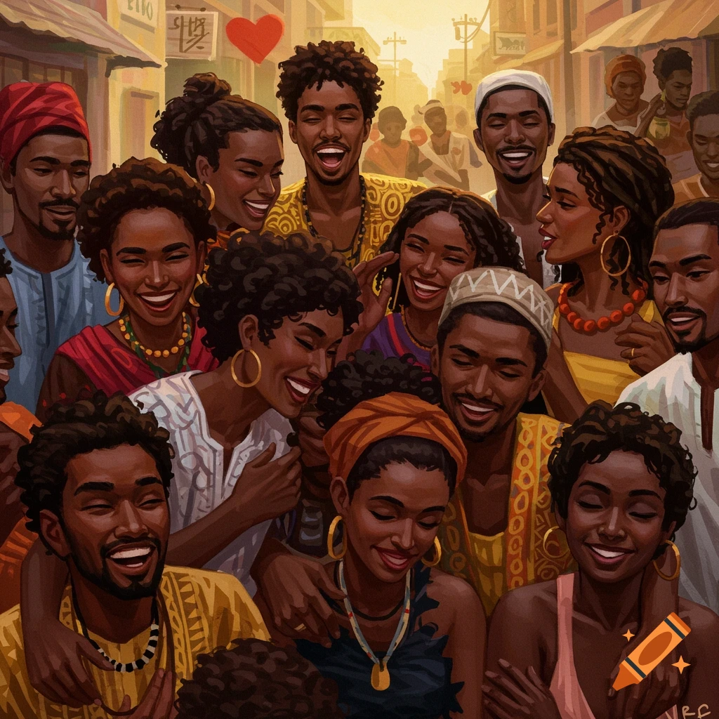 A diverse group of Black people laughing and hugging in a vibrant community street scene.