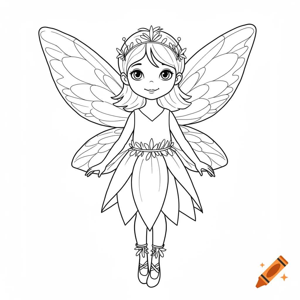 Line drawing of a fairy with wings and ballet shoes.