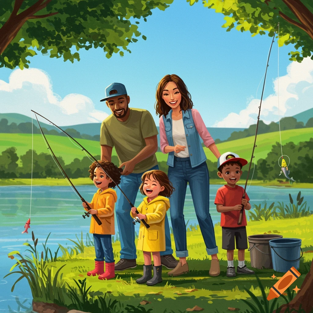 A family is fishing by a lake in a vibrant style.