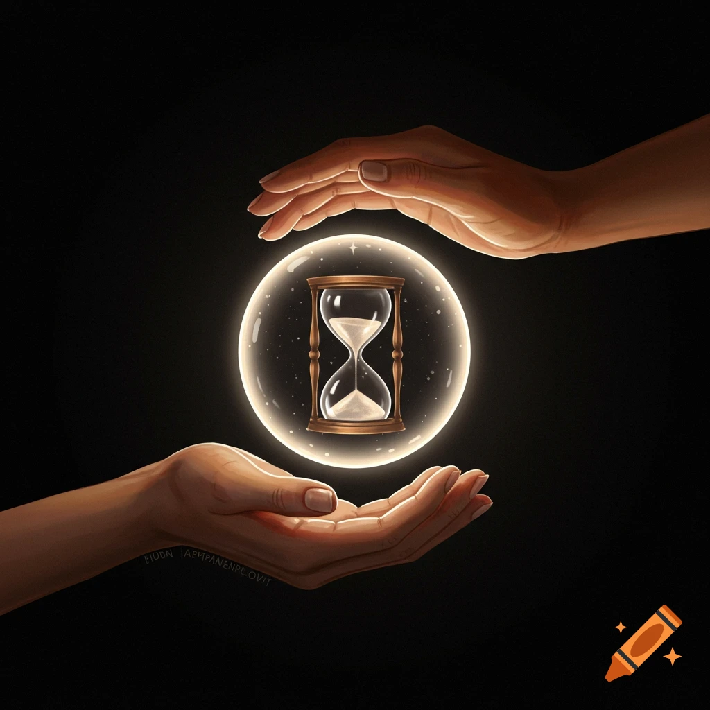 Two hands holding a glowing orb with an hourglass inside.