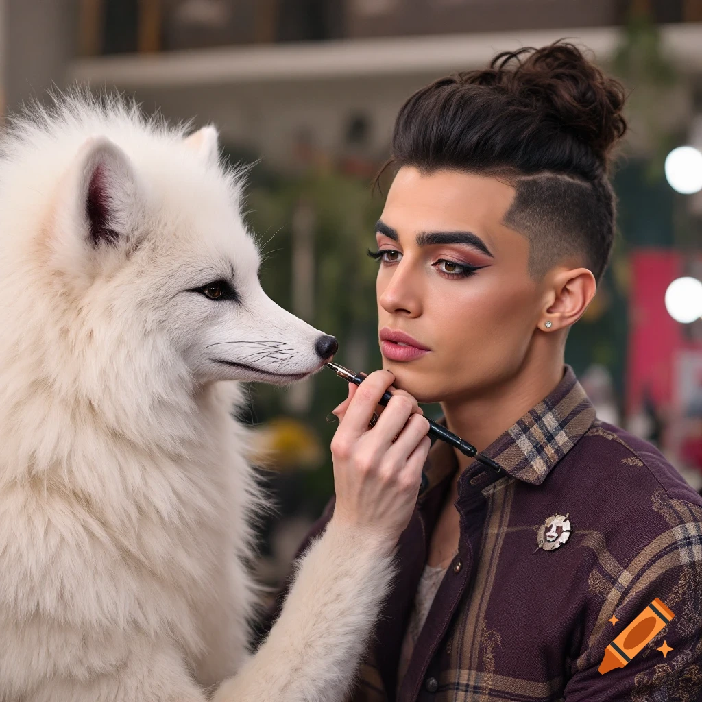 A person applies makeup to a white fox's nose, photorealistic style.