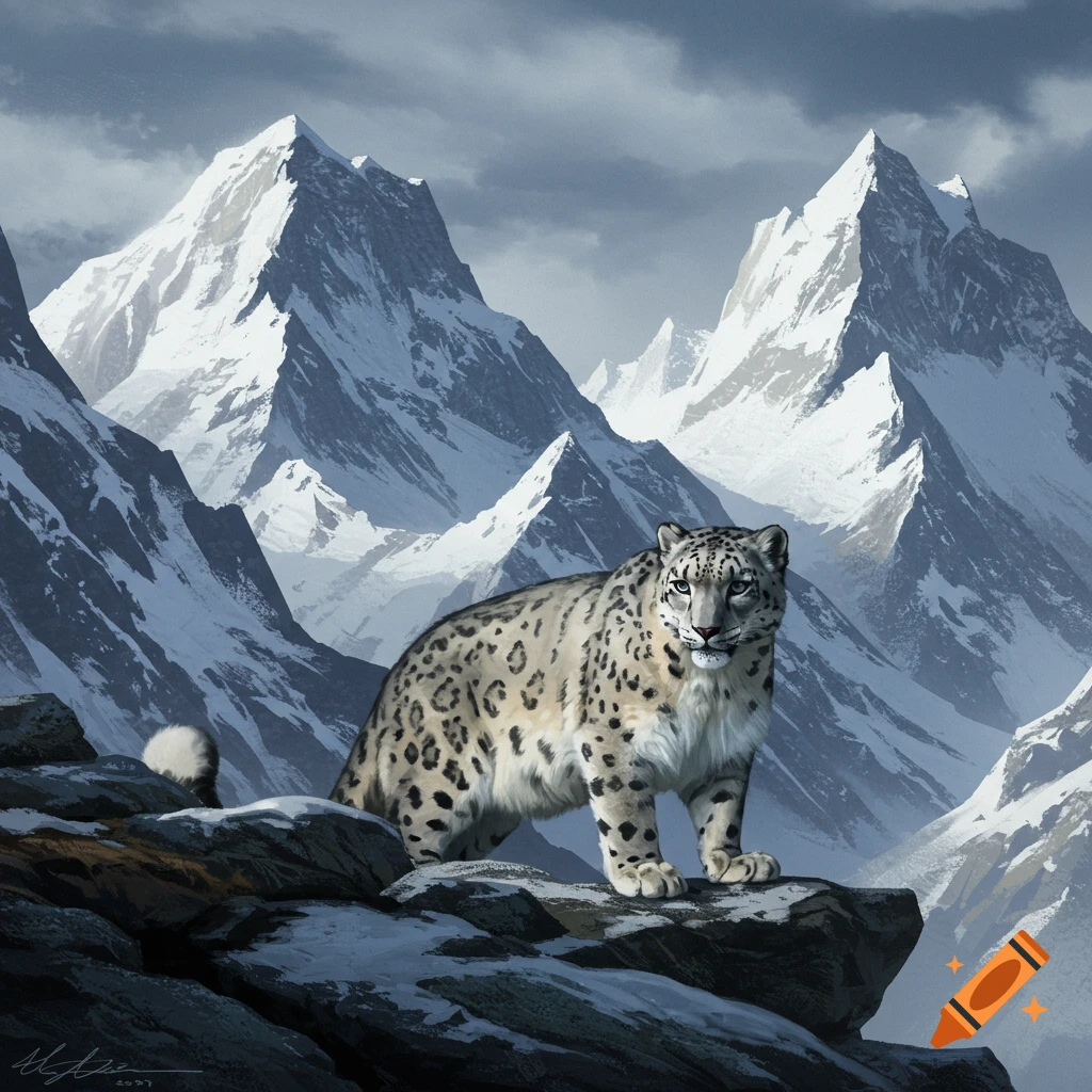 A snow leopard standing on a rock in a snowy mountain landscape.