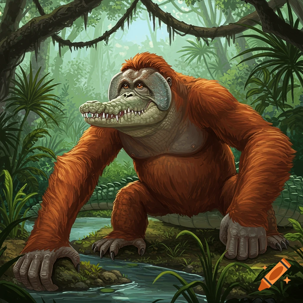 A creature that is a hybrid of a crocodile and orangutan in a jungle.