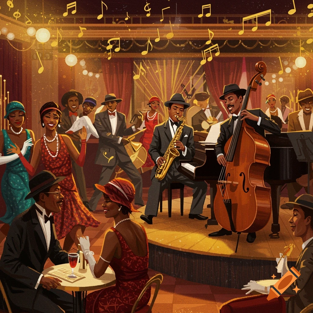 A lively 1920s Harlem jazz club with a band, dancers, and patrons.