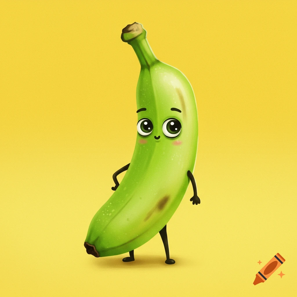 A green banana cartoon character with arms and legs stands on a yellow background.