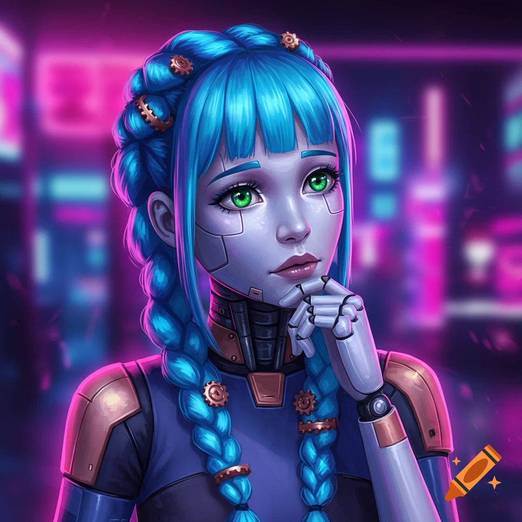 A robot girl with blue braided hair and green eyes, looking thoughtful in a neon cityscape.