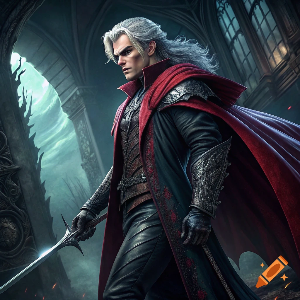 Male fantasy character with white hair and red cape holding a sword in a gothic setting.