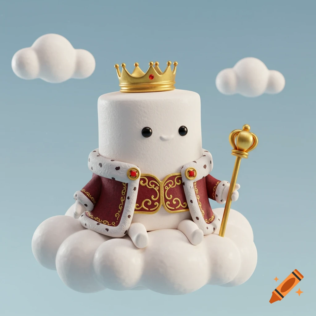 A cute 3D rendered marshmallow character wearing a king's crown and robe sits on a cloud.