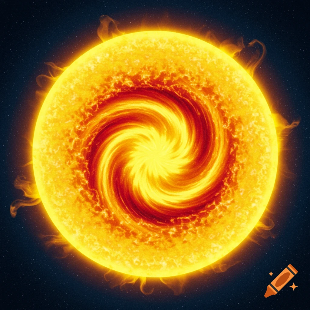 A yellow sun with a swirling fiery surface against a dark starry background.