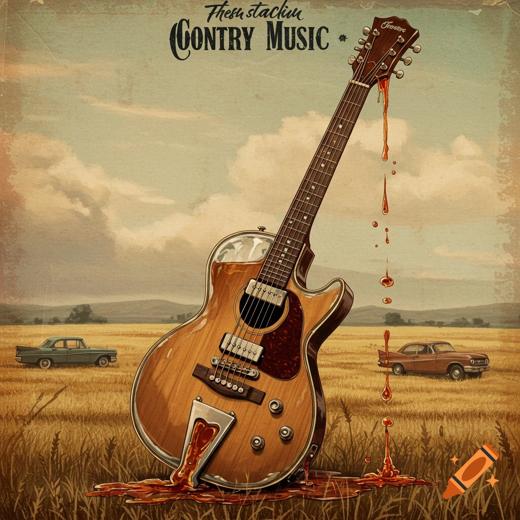 A guitar shaped like a tipped bottle drips liquid onto the ground in a field with vintage cars, like a country album cover.