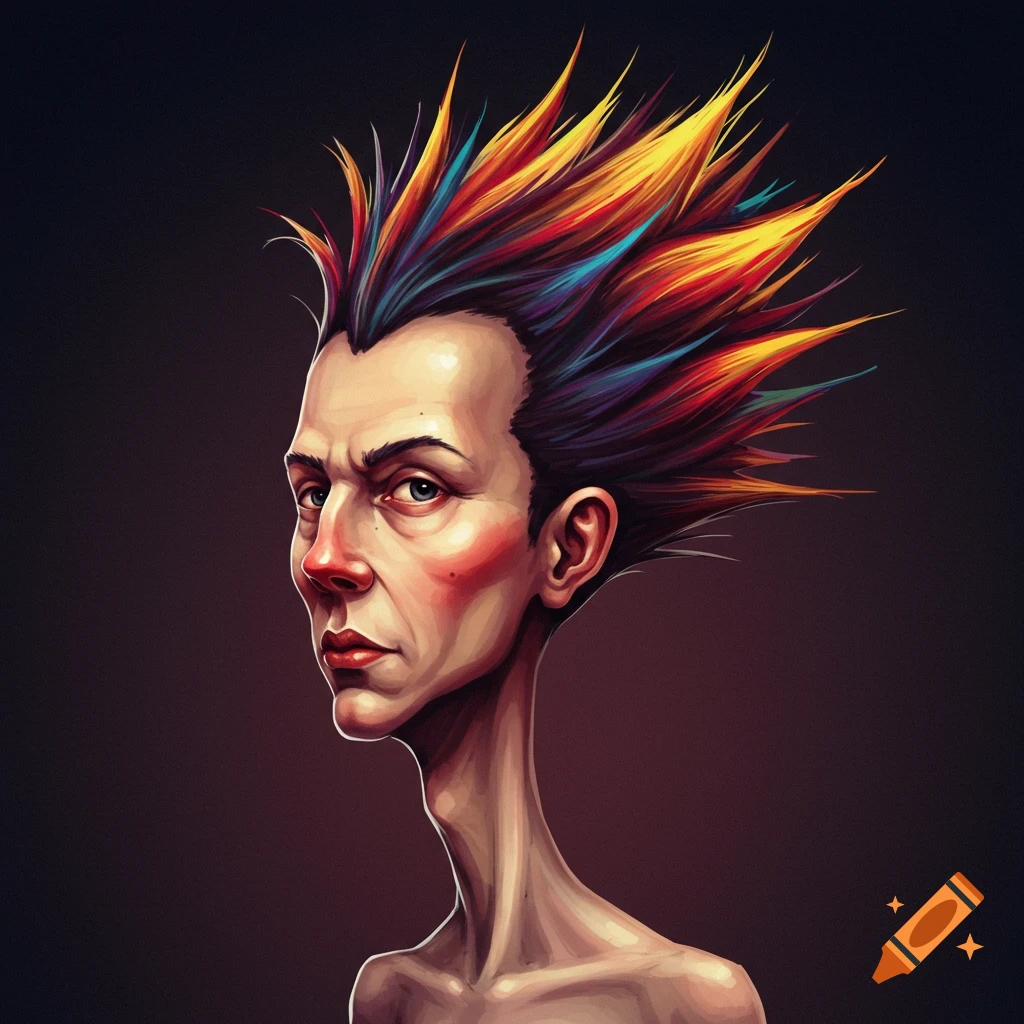 A person with an exaggerated long face and colorful spiky hair.
