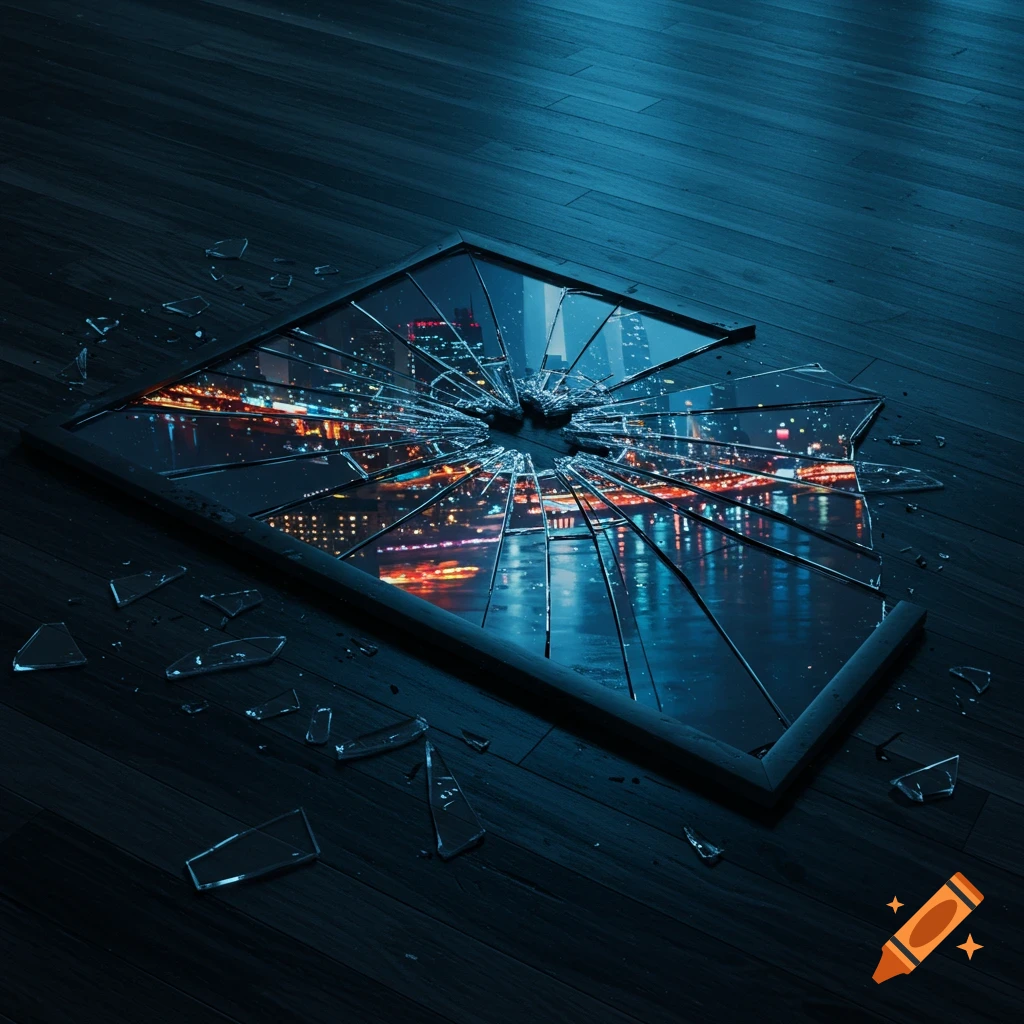 Realistic depiction of a broken mirror on a dark floor reflecting a vibrant city skyline at night.