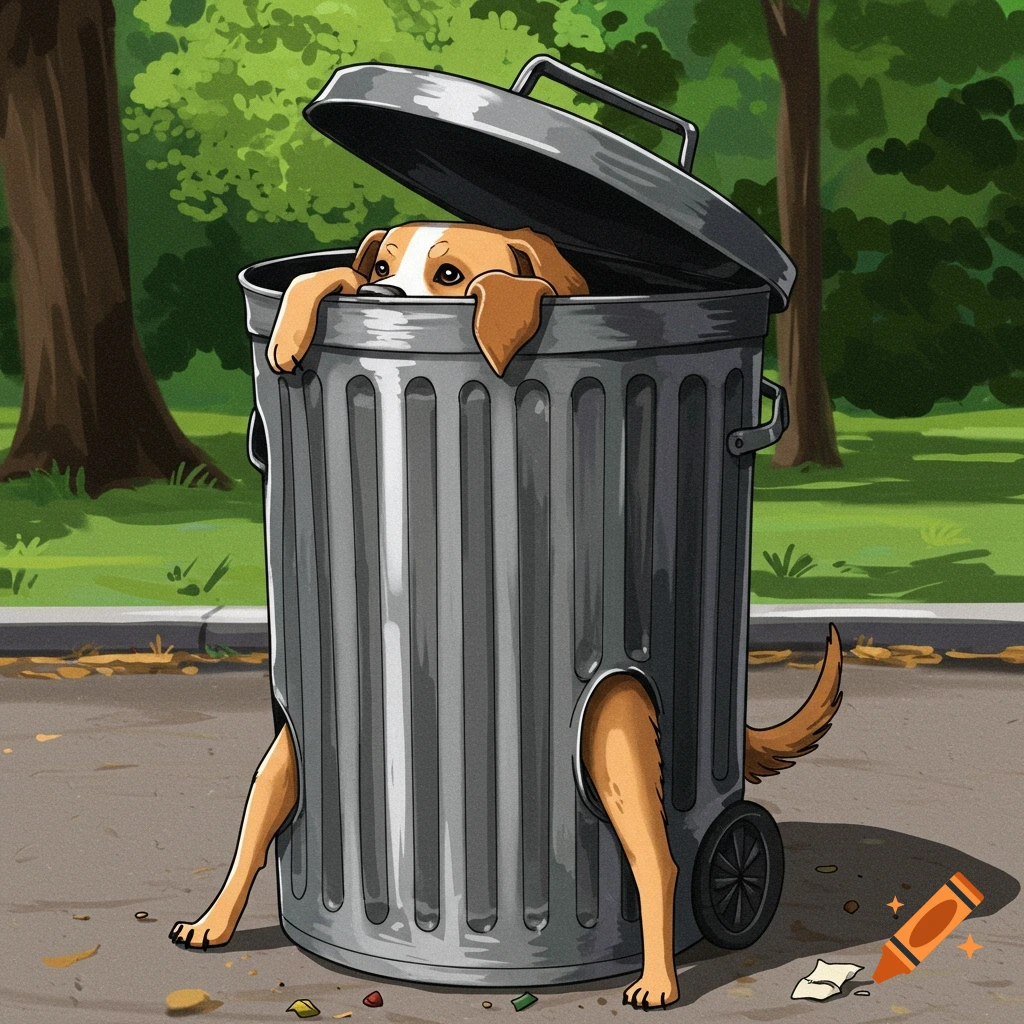 A dog is sticking its head and legs out of holes in a trash can in a
