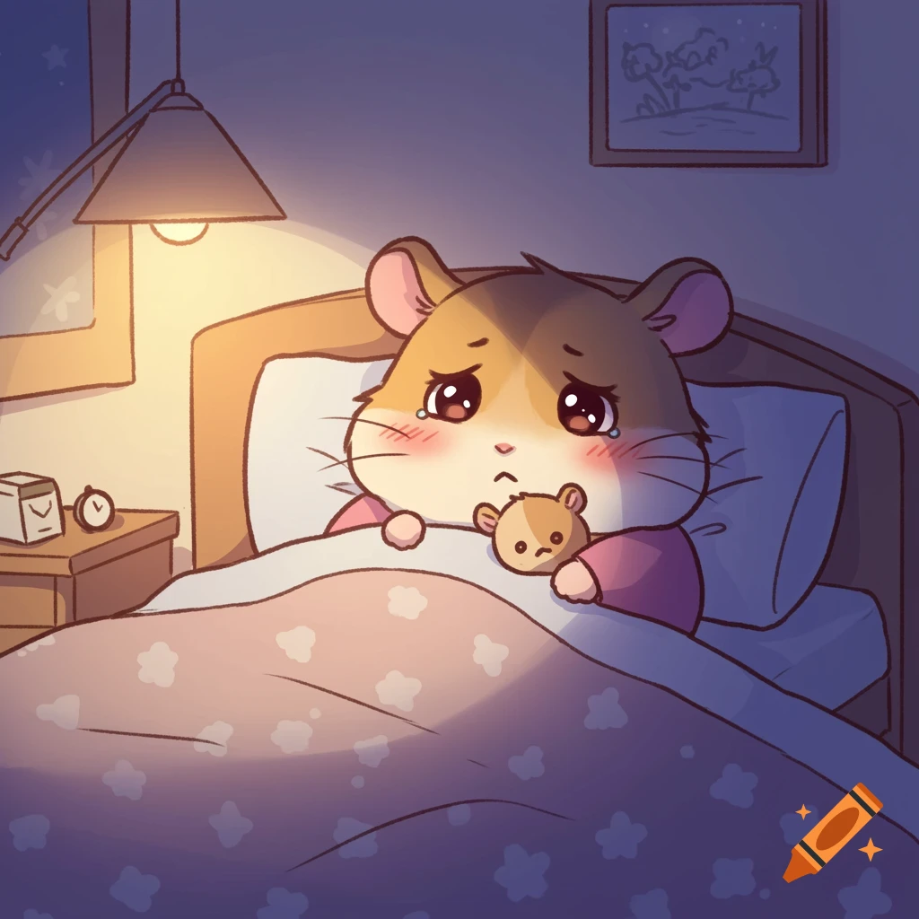 Cute cartoon hamster crying in bed with a teddy bear.