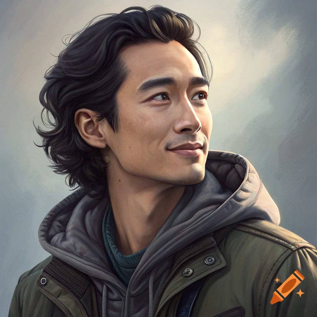 Portrait of a man with dark hair looking upwards, wearing a grey hoodie and green jacket, in a painterly style.