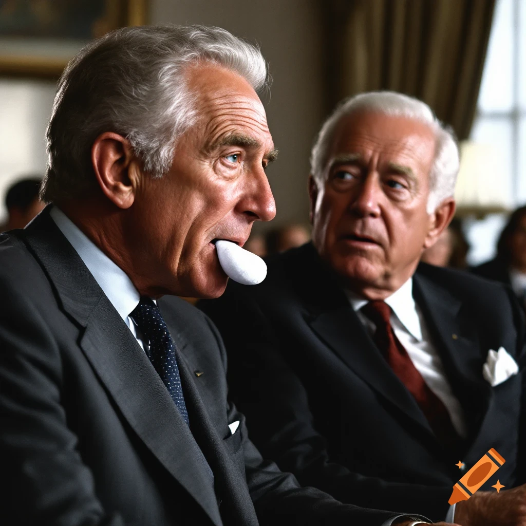 Photorealistic portrait of two men in suits, one with something white in his mouth like gum.