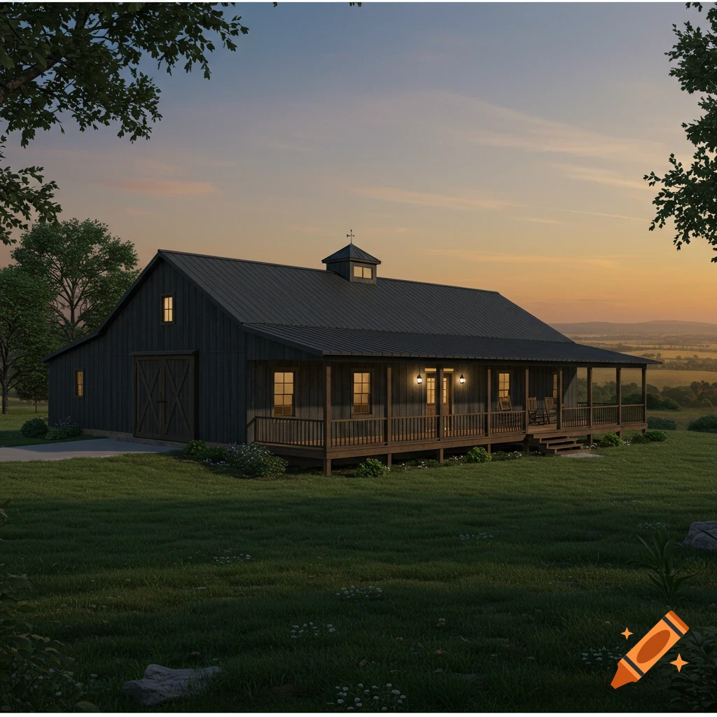 A dark grey barndominium with a large porch stands in a field at sunset.