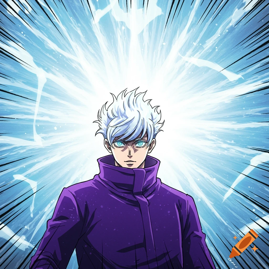 Anime character with white hair and blue eyes in purple jacket against blue energy burst, digital art
