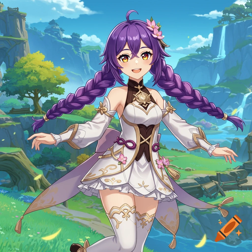 Anime character with purple braided hair, white dress, smiling in a fantasy landscape.