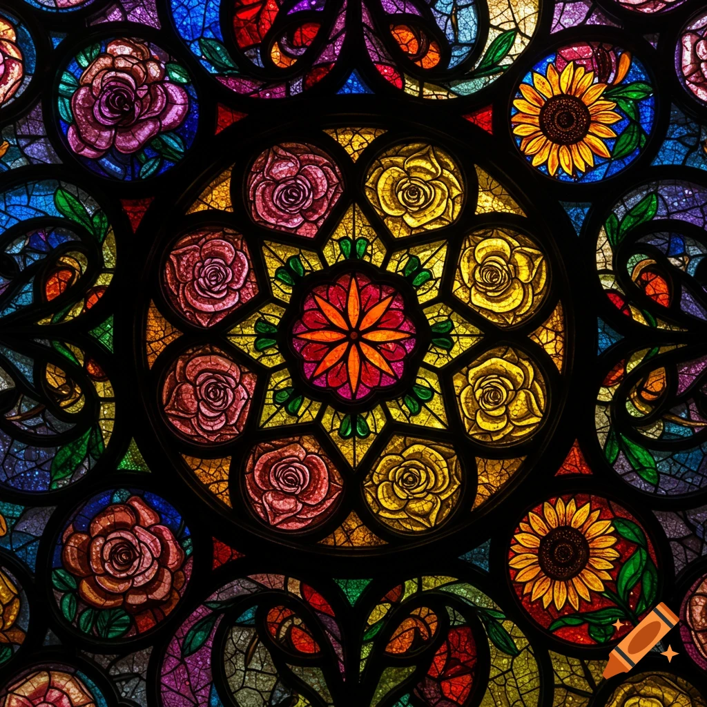 Colorful stained glass window with floral patterns featuring roses and sunflowers.
