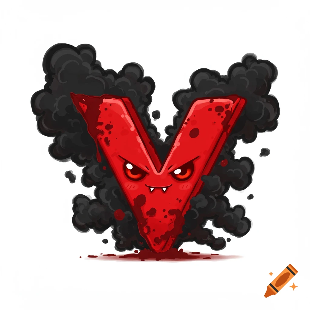 Cartoon red letter V with fangs and eyes, splattered with blood, surrounded by black smoke on white.